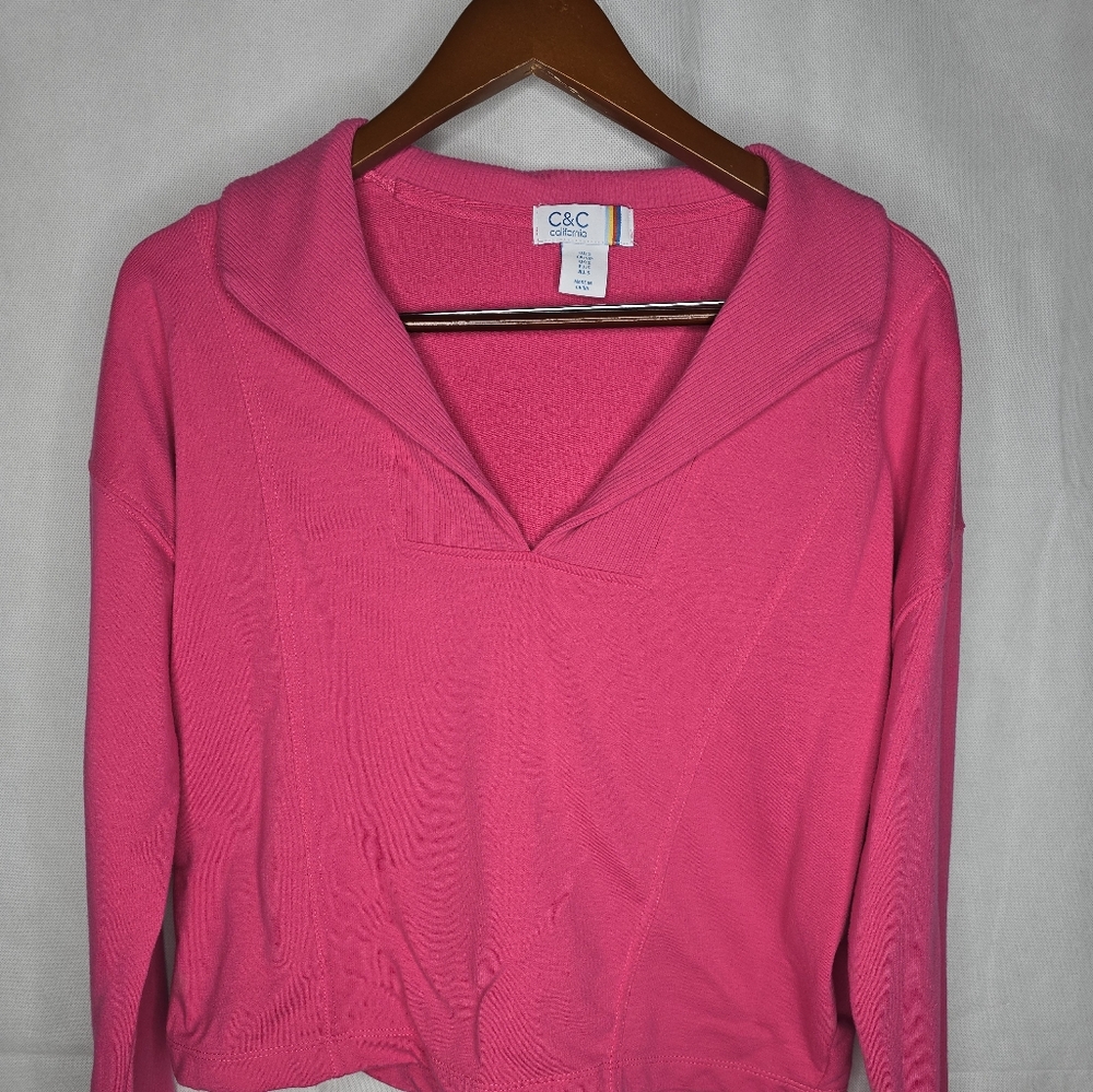 C&C California Top Pink Cropped Collared V-neck Long Sleeve Sporty Small